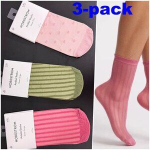 Nordstrom Dressy Sheer Ankle Socks 3-pack Striped Polka Dot Pink Green